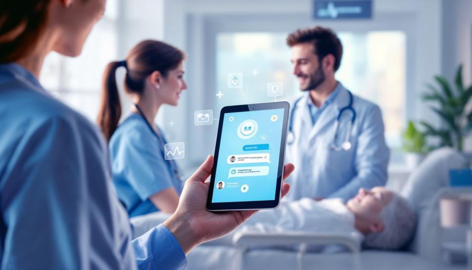 AI chatbot assisting doctor and patient in a modern healthcare setting for improved medical communication and efficiency.