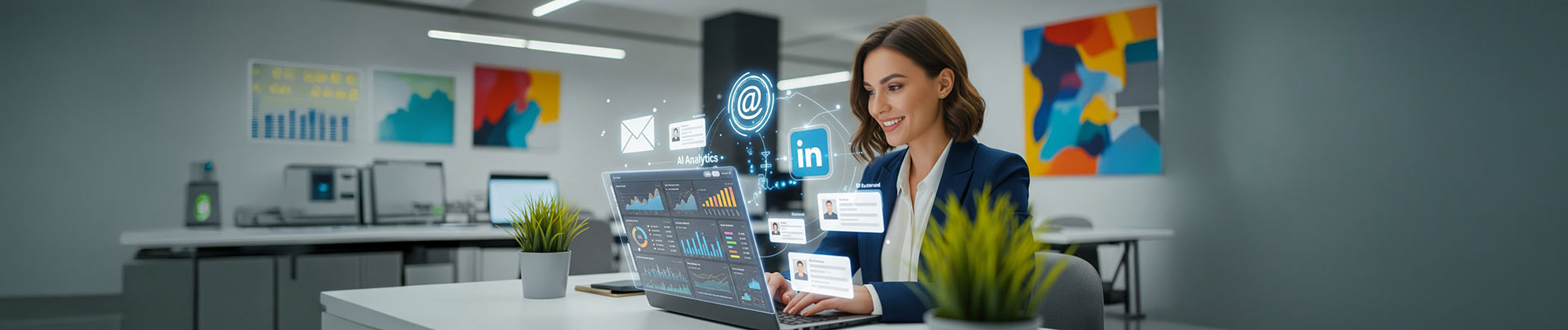 Female sales professional using AI lead generation tools (AI Chatbots) on laptop with analytics dashboards and holographic outreach icons in modern office