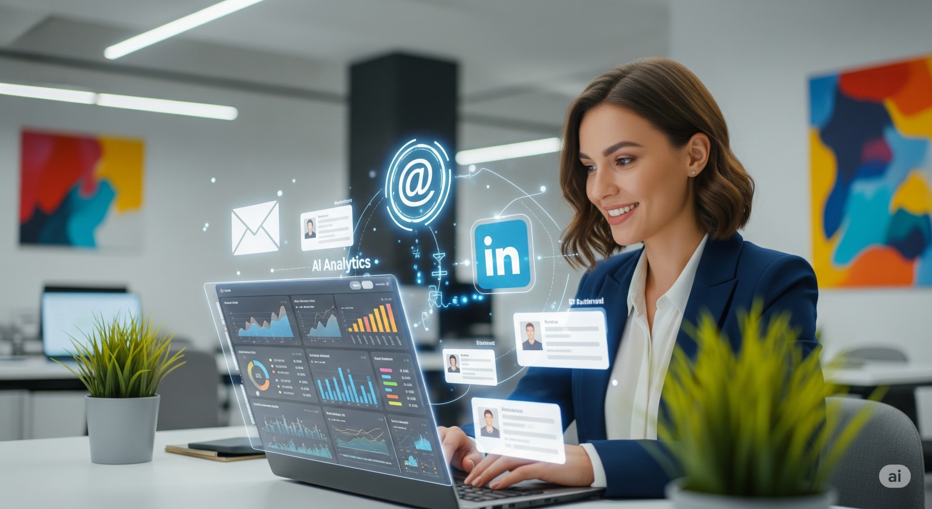 Female sales professional using AI lead generation tools on laptop with analytics dashboards and holographic outreach icons in modern office