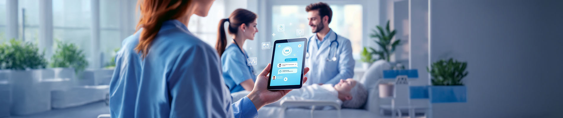 AI chatbot assisting doctor and patient in a modern healthcare setting for improved medical communication and efficiency.