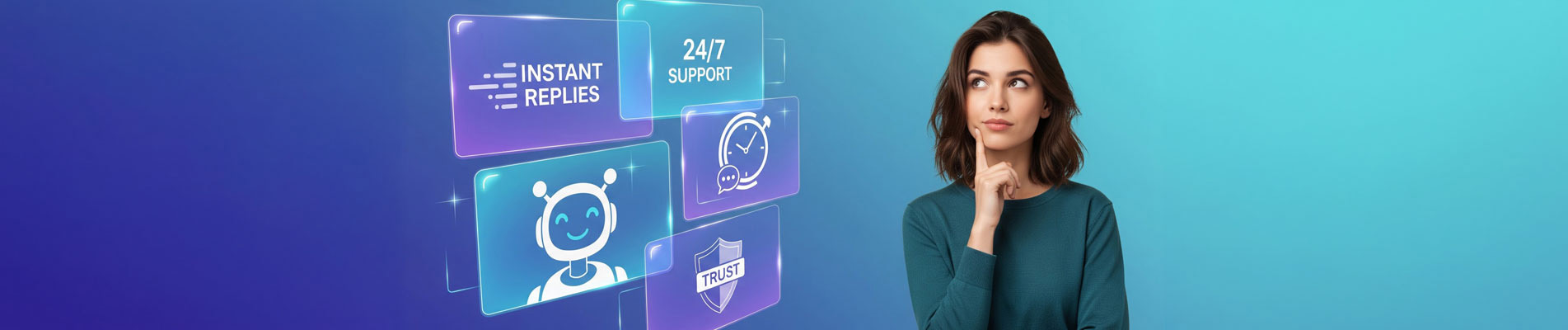 Young woman on the right side with futuristic digital panels on the left showing speed, 24/7 support, trust, and personality visualizing what people think about customer service chatbots.