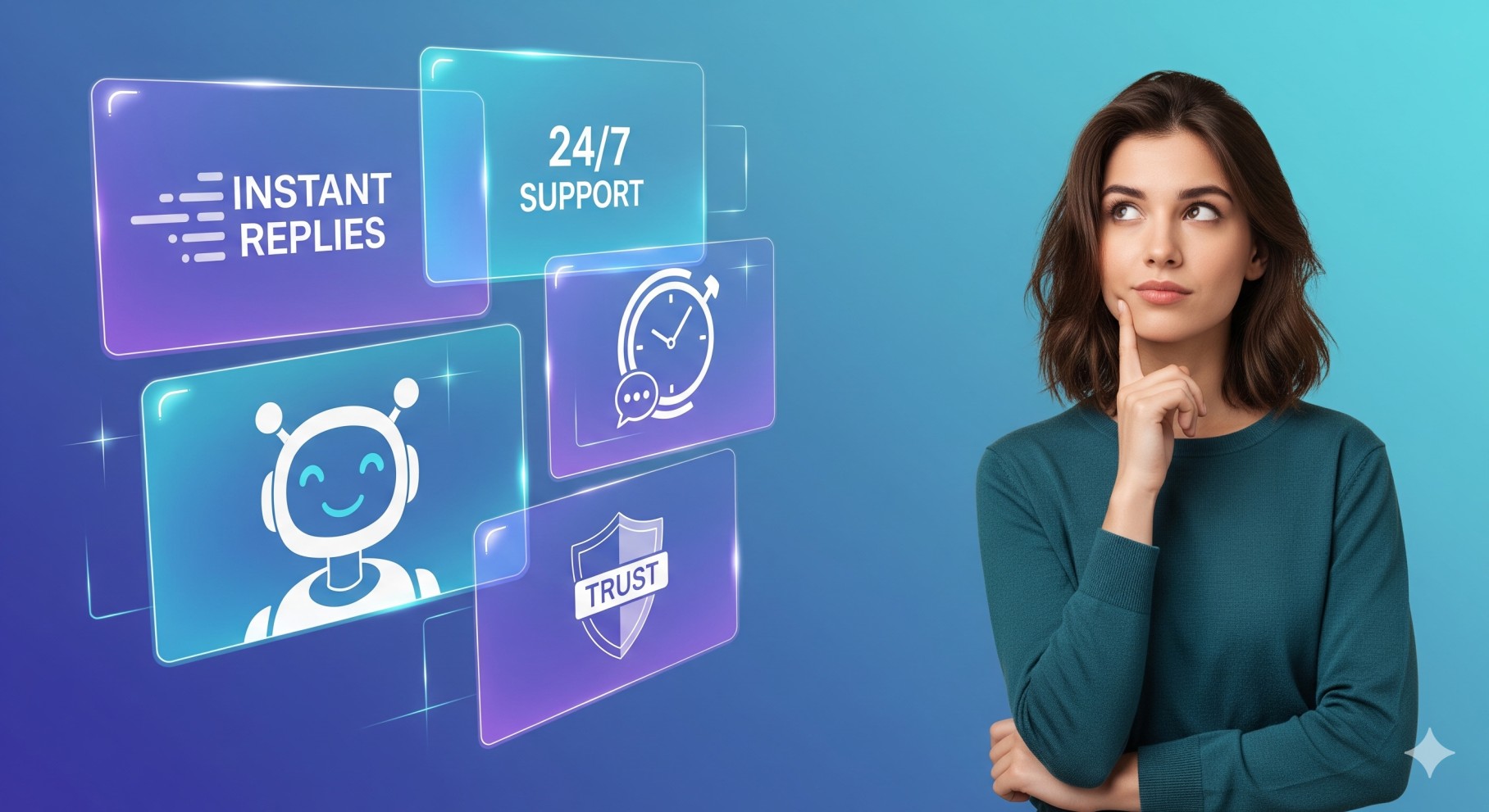 Young woman on the right side with futuristic digital panels on the left showing speed, 24/7 support, trust, and personality visualizing what people think about customer service chatbots.