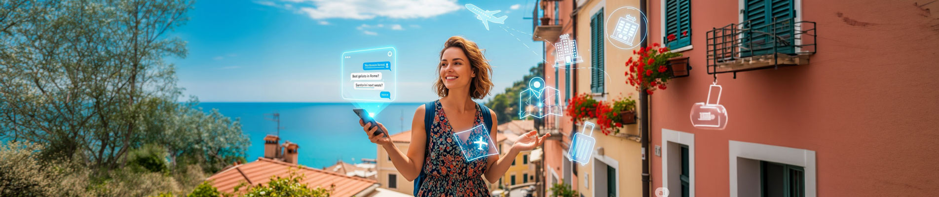 Woman standing in a picturesque travel destination holding a phone with glowing AI chatbot for travel websites and industry, symbolizing AI-powered travel booking and support services.