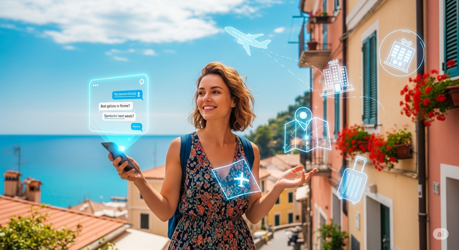 Young woman standing in a picturesque travel destination holding a phone with glowing AI chatbot interface, symbolizing AI-powered travel booking and support services