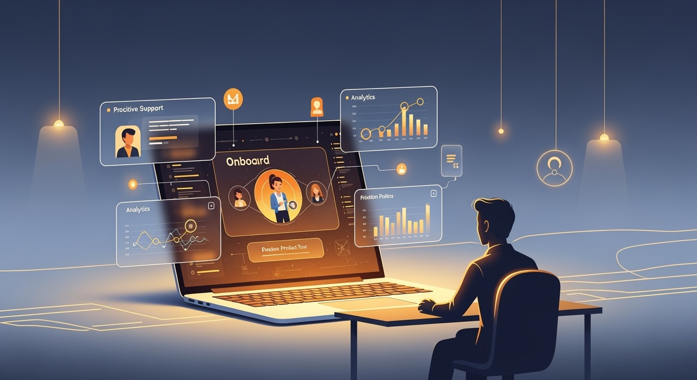 Customer interacting with an AI-powered onboarding interface while real-time analytics and proactive support tools assist in the background, illustrating reduced support ticket volume through automation and smart design.