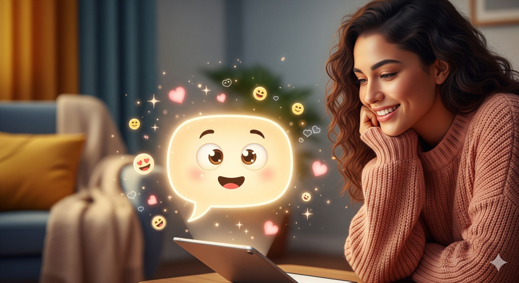 Smiling woman interacting with a friendly AI chatbot character, symbolizing the emotional and positive side of customer service chatbots.