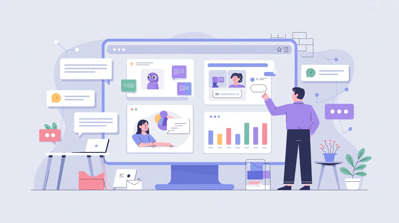 Business professional analyzing an AI-powered customer support dashboard with personalized chatbot messages, multilingual chat bubbles, and data analytics charts, representing advanced chatbot integration and insights.