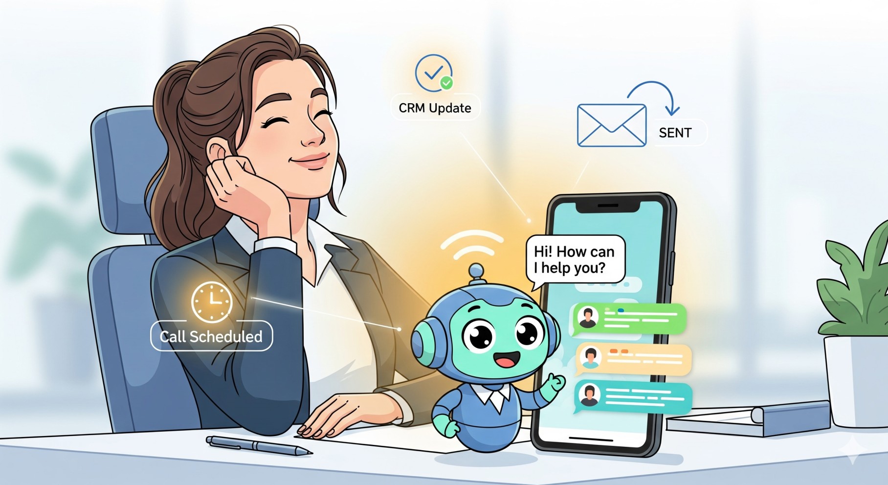AI automation managing CRM updates, emails, and scheduling while a chatbot guides customers with product recommendations, showing how AI saves time and improves sales.