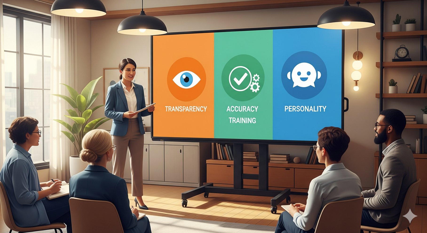 Businesswoman presenting to an audience in a modern office, with a digital screen showing chatbot best practices like transparency, accuracy, training, and personality.