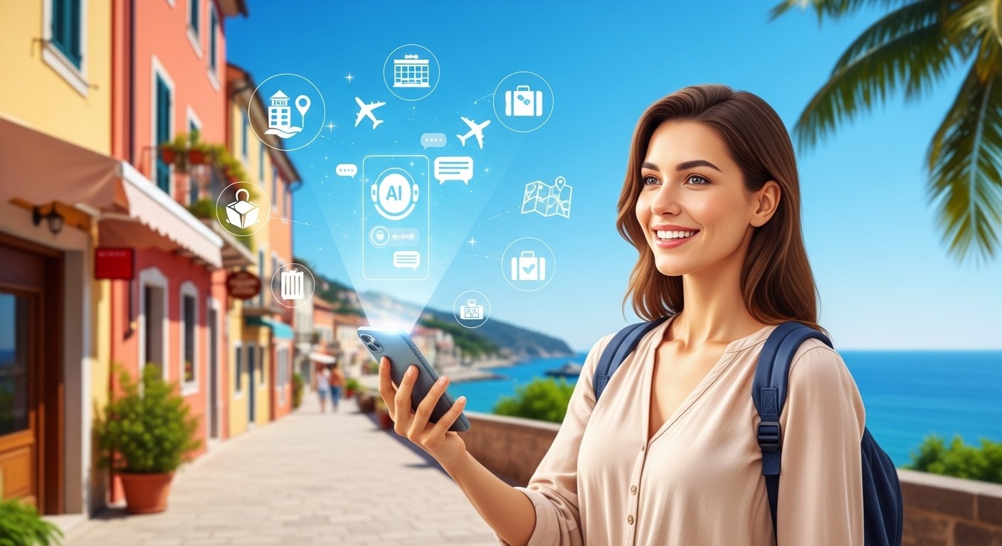 Female traveler using AI chatbot on smartphone with holographic travel icons in a scenic location, representing how AI chatbots are transforming the travel industry