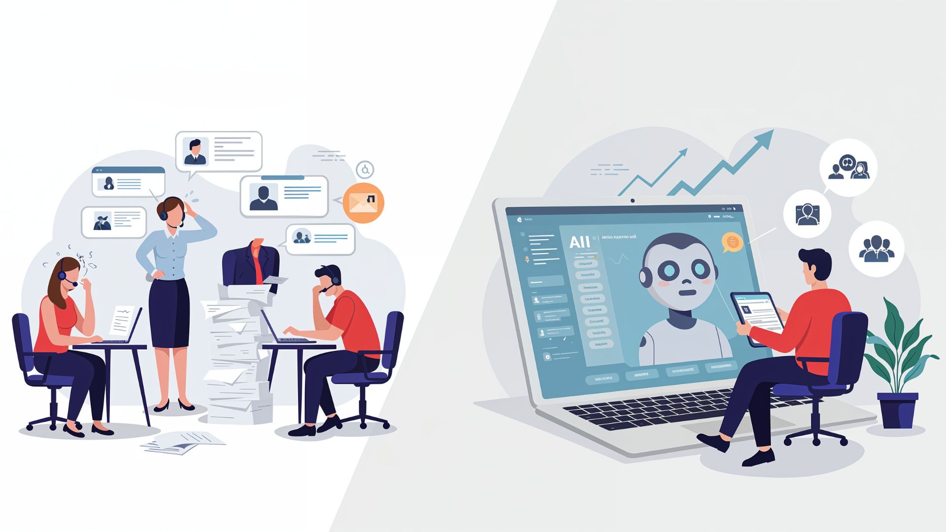 Comparison of traditional customer support team versus AI chatbot automation, showing cost savings and scalability with a relaxed business owner using a laptop.
