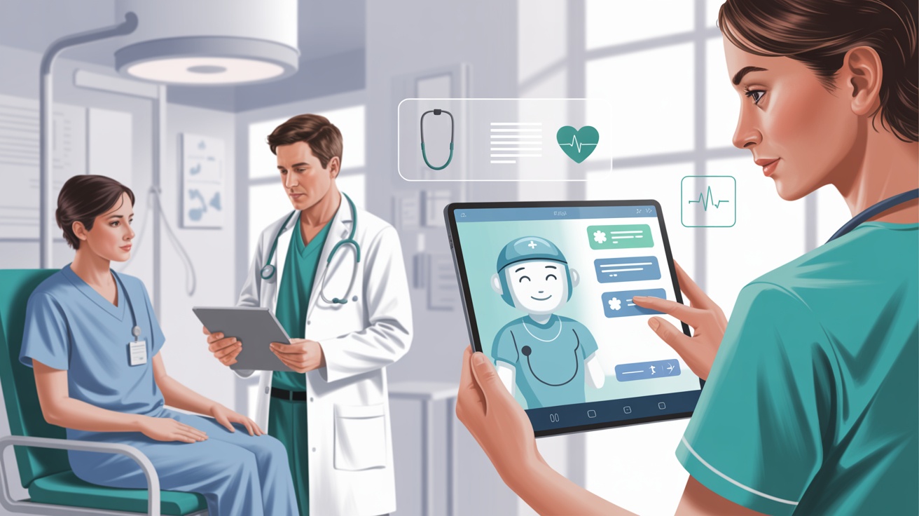 Nurse holding a tablet showing an AI chatbot for healthcare, with a doctor and patient consulting in the background telehealth and 24/7 patient support.