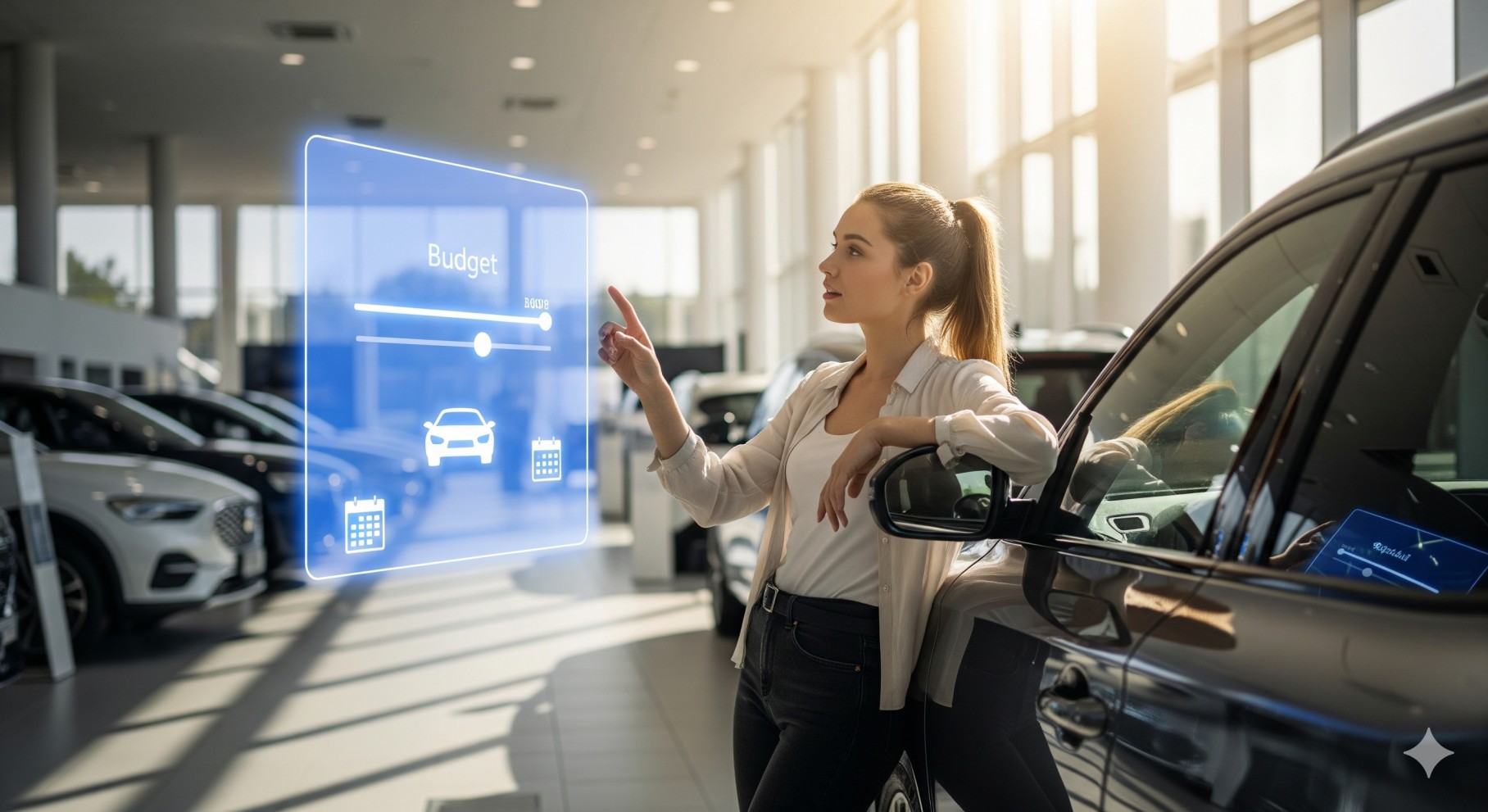 Woman in car showroom using AI chatbot to check budget, model options, and book test drive, showing how automotive websites turn browsers into qualified leads.