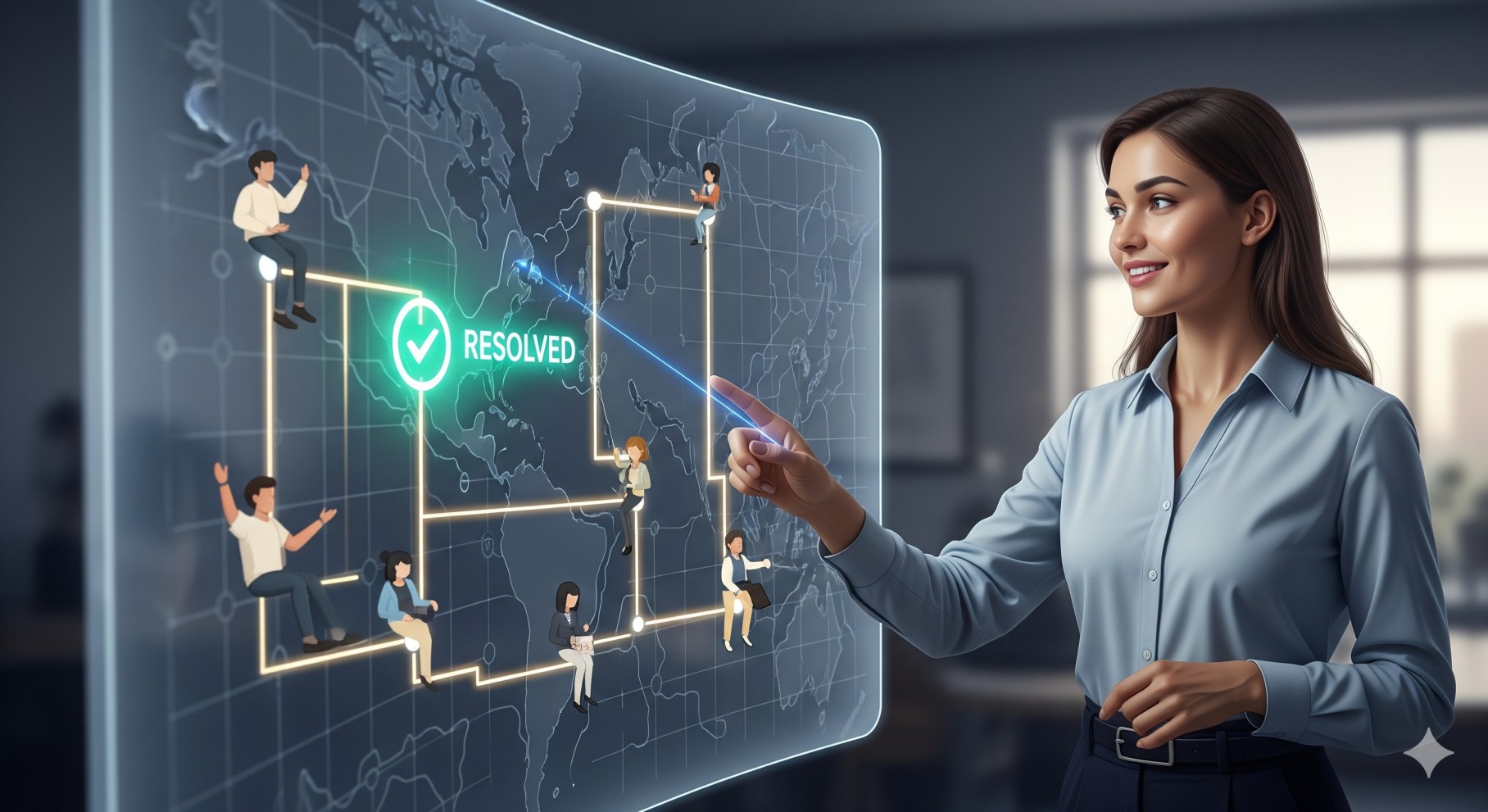 Customer service representative using proactive support tools to resolve issues before they happen, showing happy customers and smooth service journey.