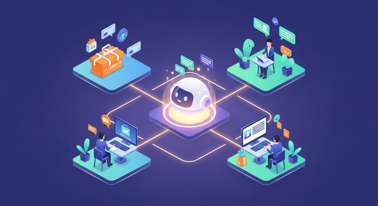 Isometric illustration of AI chatbot for e-commerce providing personalized product recommendations, capturing leads, analyzing customer data, and reducing support costs by automating routine tasks