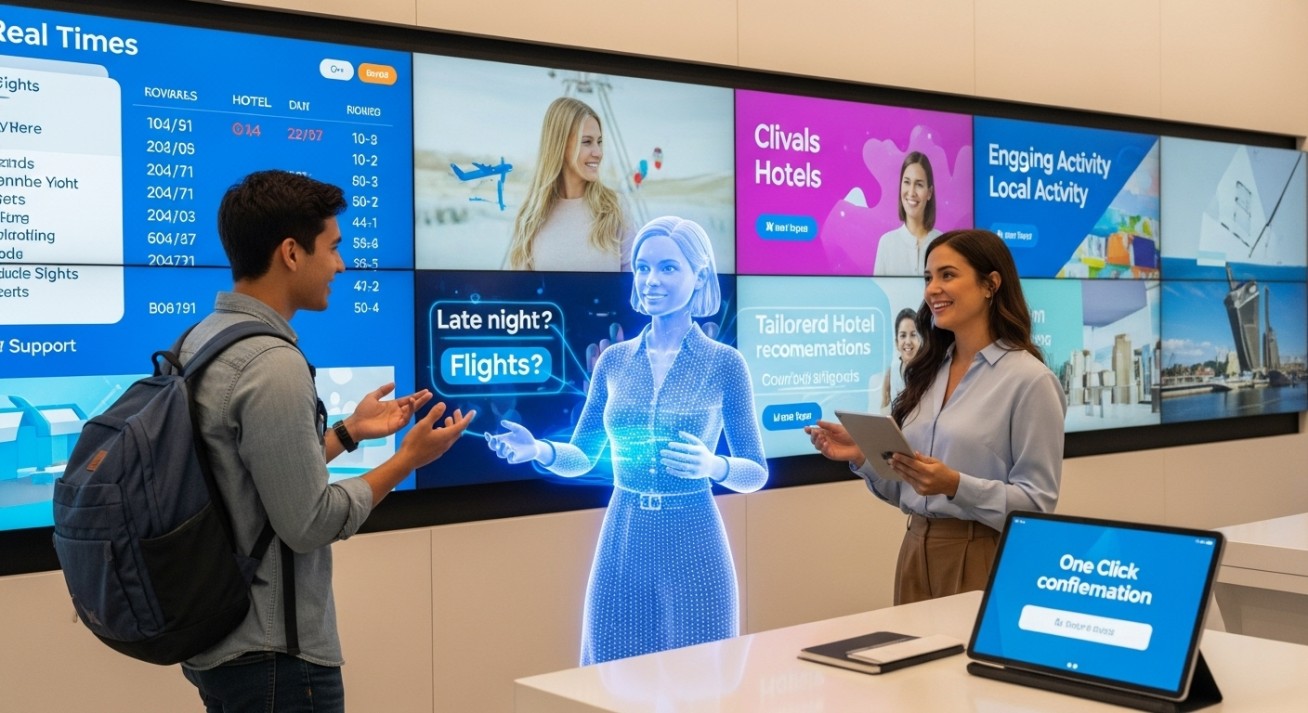 AI travel assistant hologram helping travelers with 24/7 flight support, personalized hotel recommendations, and instant booking inside a modern travel agency
