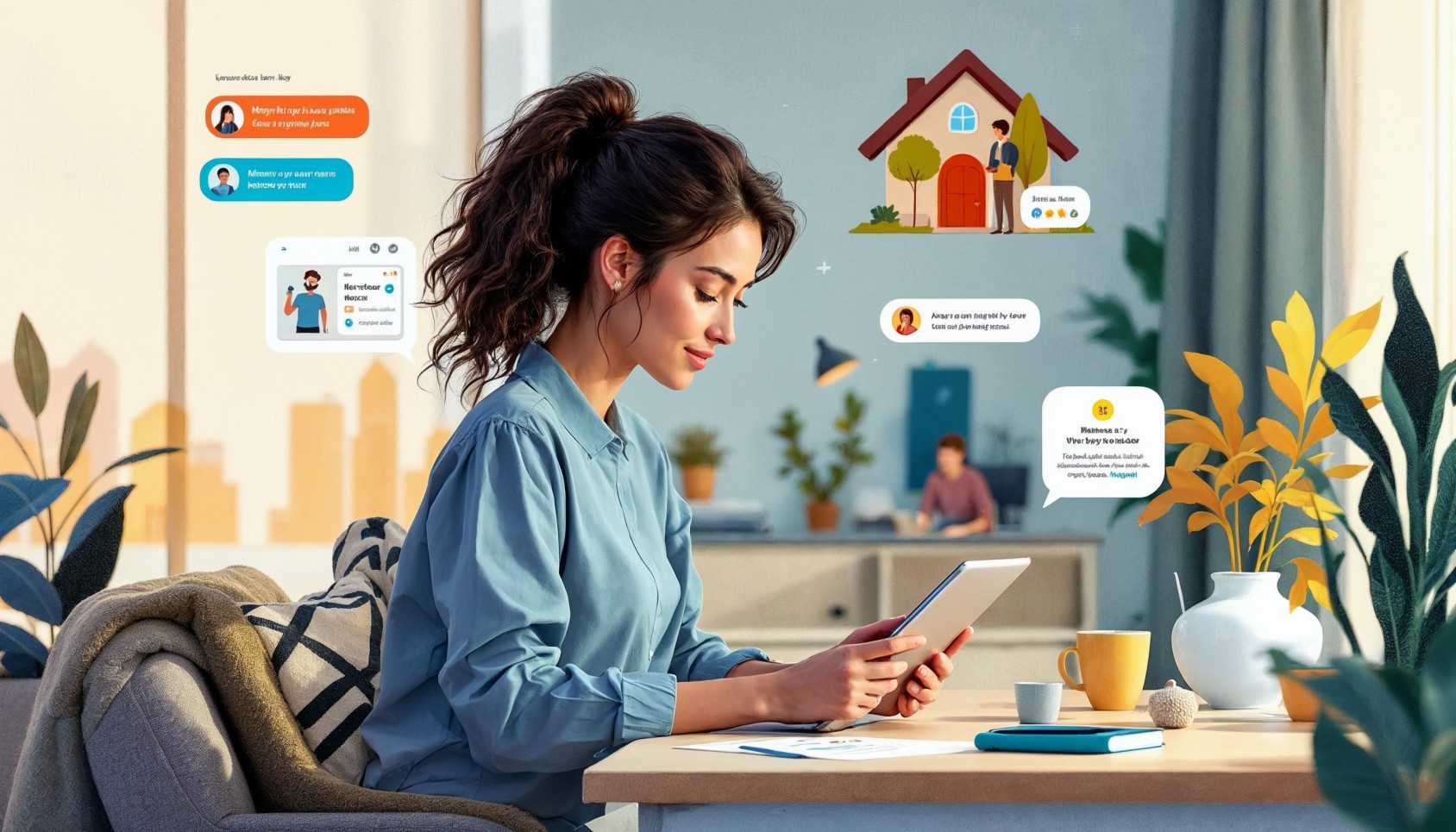 Illustration of a real estate agent using an AI chatbot to engage clients, schedule viewings, and provide instant answers, with subtle real estate elements in the background.