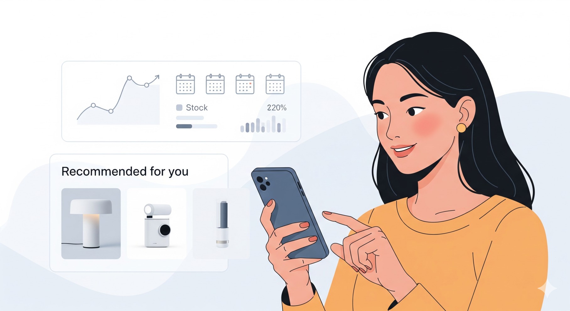 AI personalized customer engagement with product recommendations and sales forecasting insights showing demand prediction, graphs, and data-driven decisions.