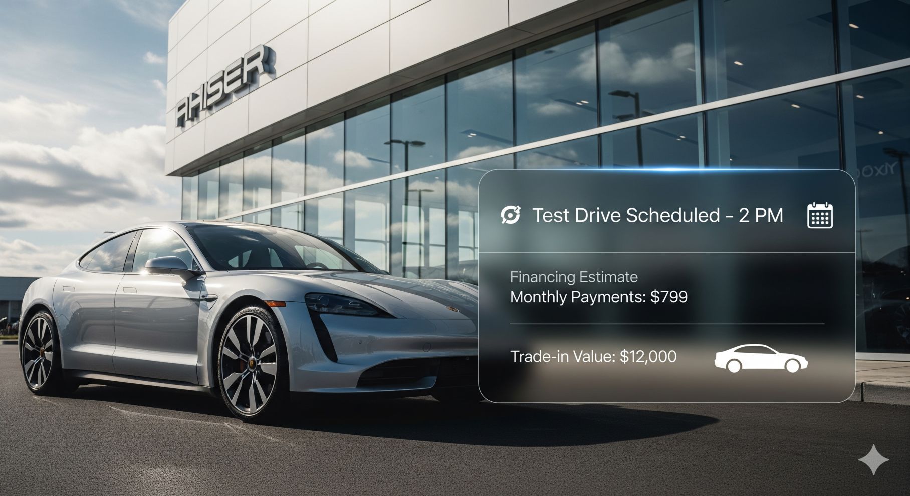 AI chatbot test drive booking and car dealership financing chatbot showing trade-in value and payment options beside a car, streamlining the online car buying process.