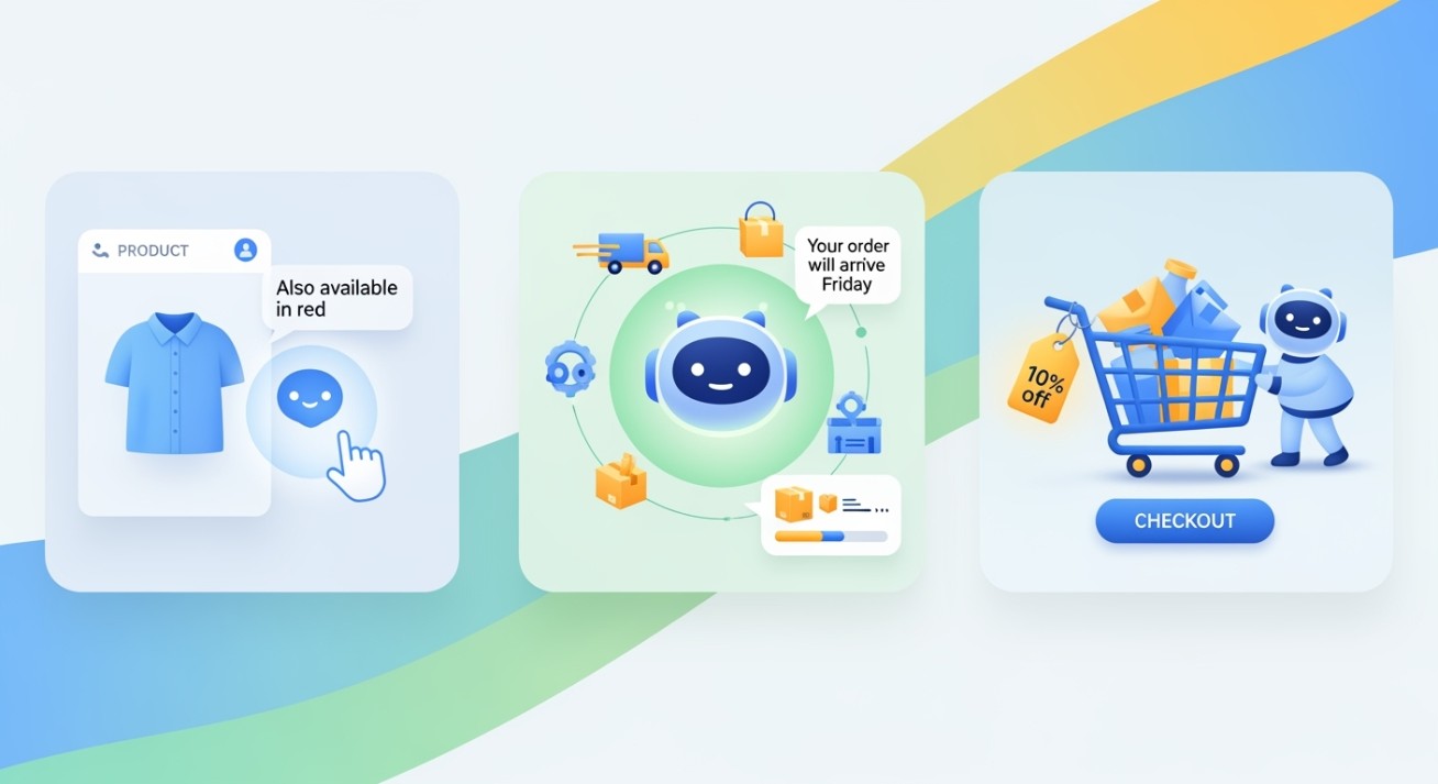 Illustration showing AI chatbot helping e-commerce shoppers by suggesting product alternatives, providing 24/7 order tracking, and recovering abandoned carts with discount offers