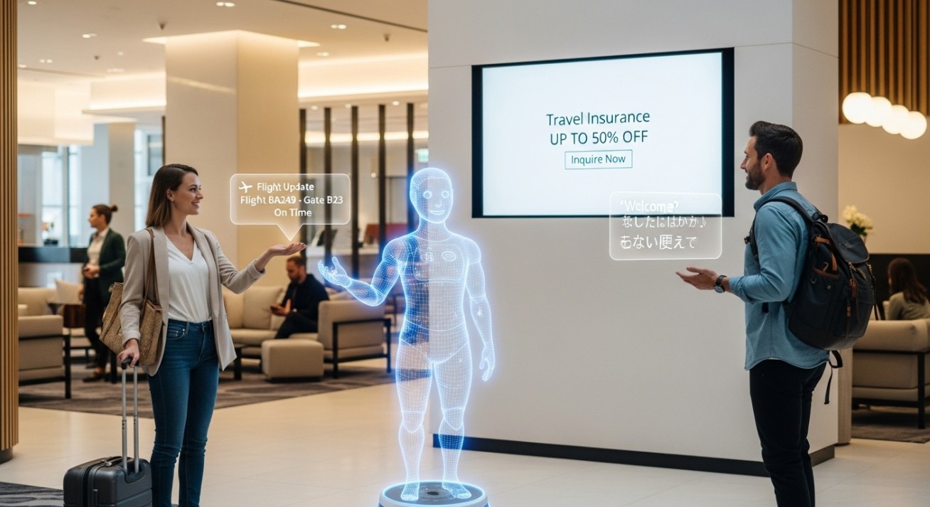 AI travel chatbot in a modern hotel lobby providing real-time flight updates, multilingual support, and travel upgrade offers to travelers